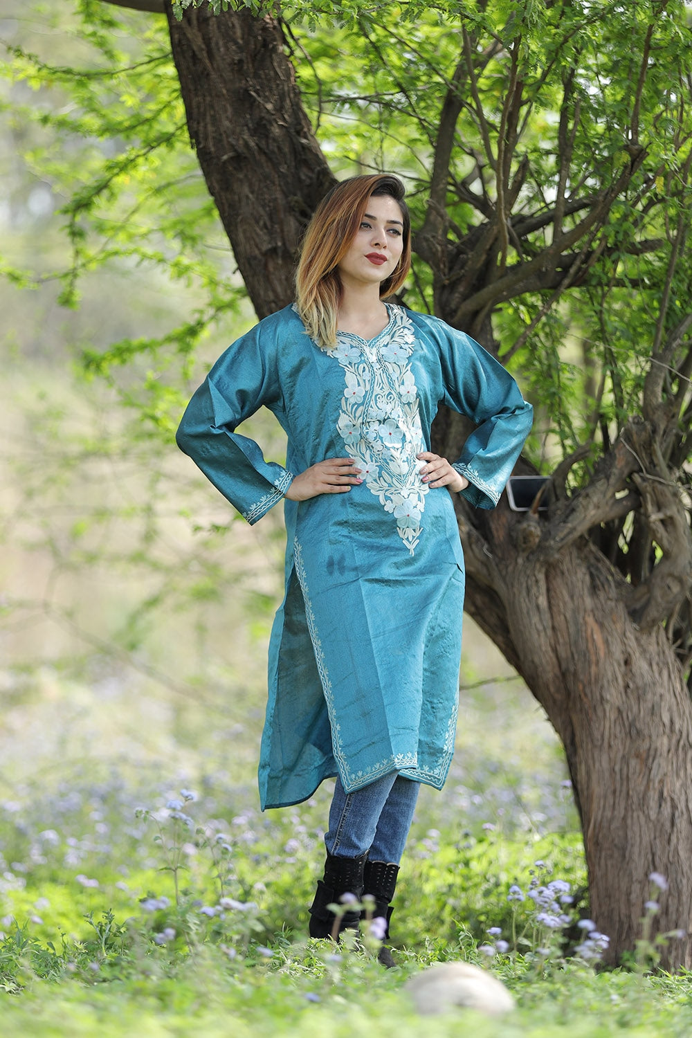Natural Sky Blue Colour Rayon Silk Kurti With Beautiful Aari