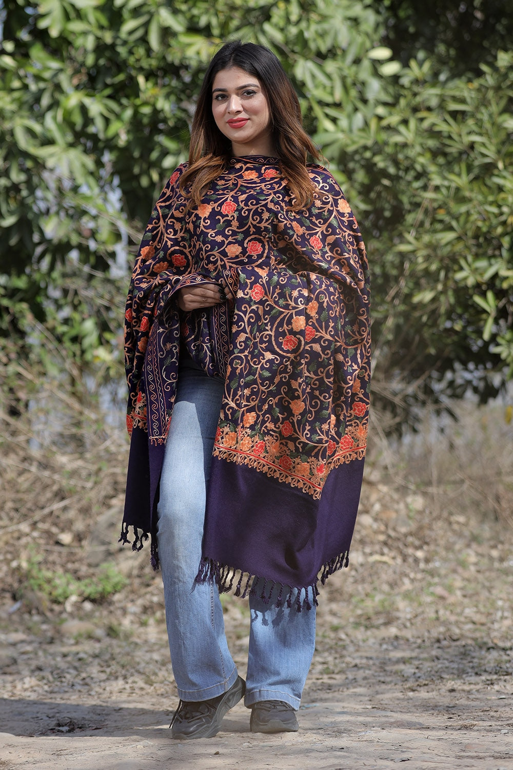 Navy Blue Color Aari Work Embroidered Shawl Enriched