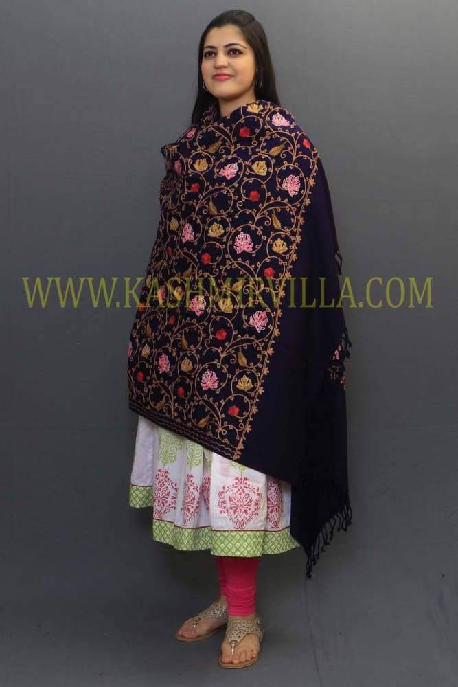 Navy Blue Color Aari Work Embroidered Shawl Enriched