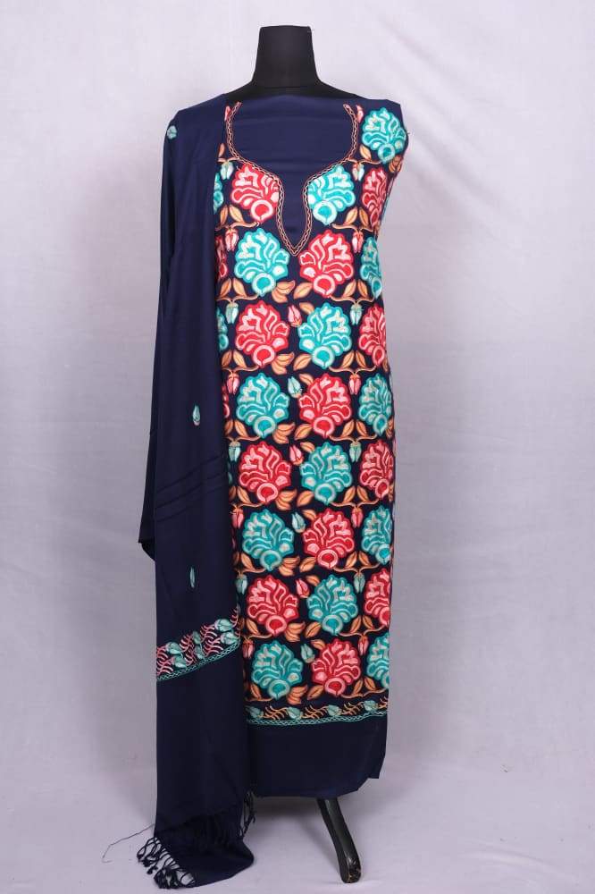 Navy Blue Color Kashmiri Aari Work Unstitched Woollen Suit