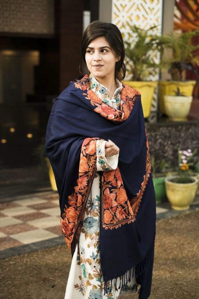 Navy Blue Color Kashmiri Shawl With Aari Jaal Gives A Trendy