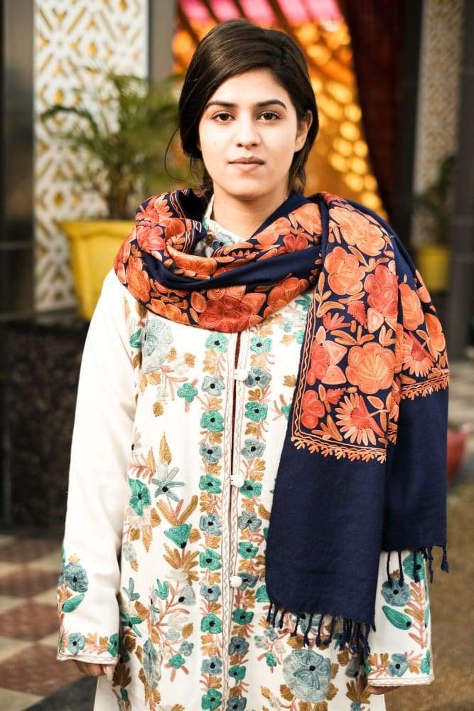 Navy Blue Color Kashmiri Shawl With Aari Jaal Gives A Trendy
