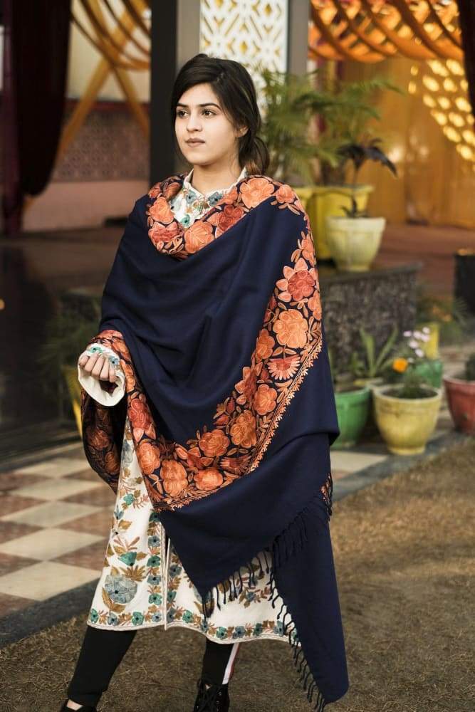 Navy Blue Color Kashmiri Shawl With Aari Jaal Gives A Trendy