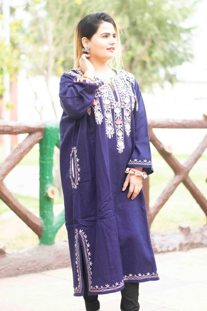 Navy Blue Color Kashmiri Work Embroidered Phiran Enriched