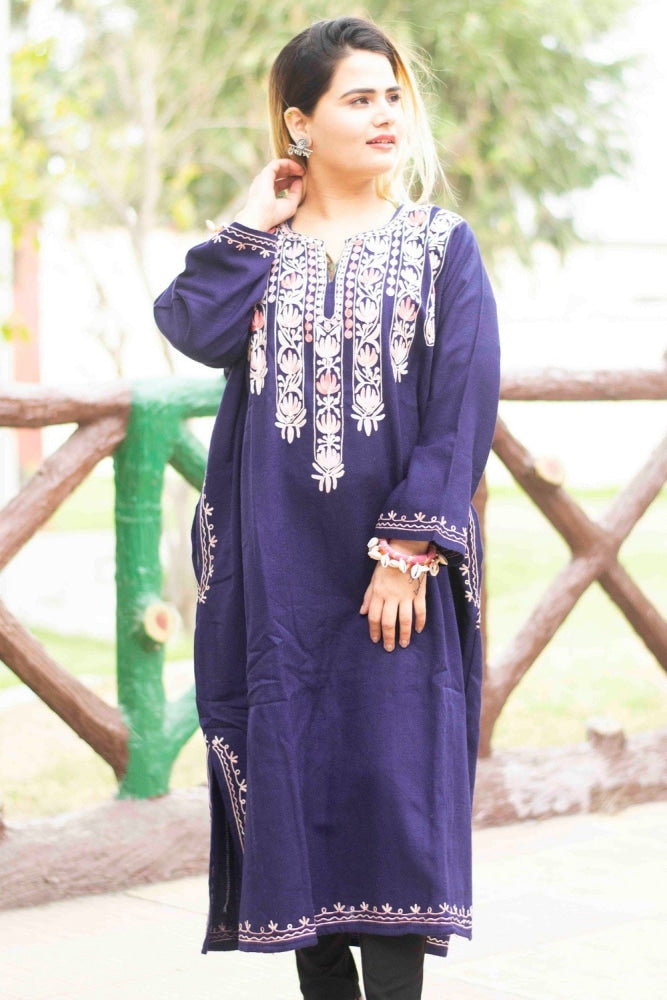 Navy Blue Color Kashmiri Work Embroidered Phiran Enriched