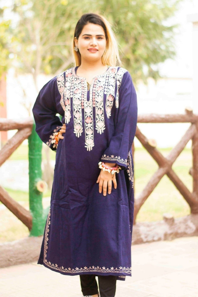 Navy Blue Color Kashmiri Work Embroidered Phiran Enriched