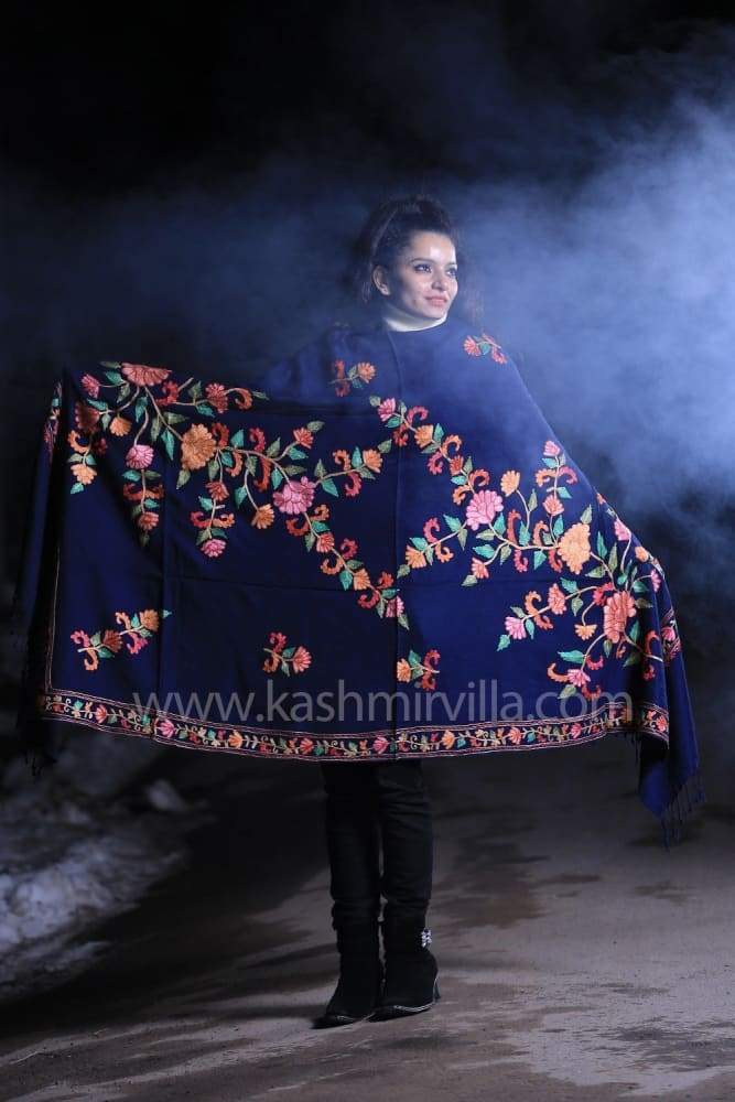 Navy Blue Color Kashmiri Work Embroidered Shawl Enriched