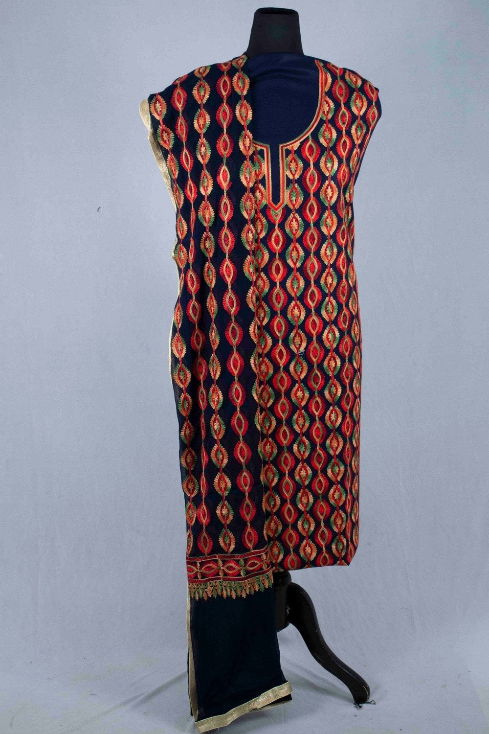Navy Blue Color Silk Cotton Kashmiri Embroidered Designer
