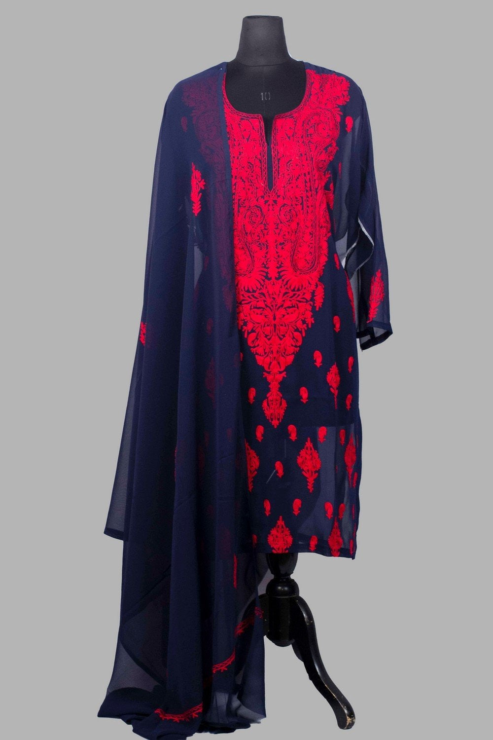 Navy Blue Colour Aari Work Kurti With Long Neck Embroidery