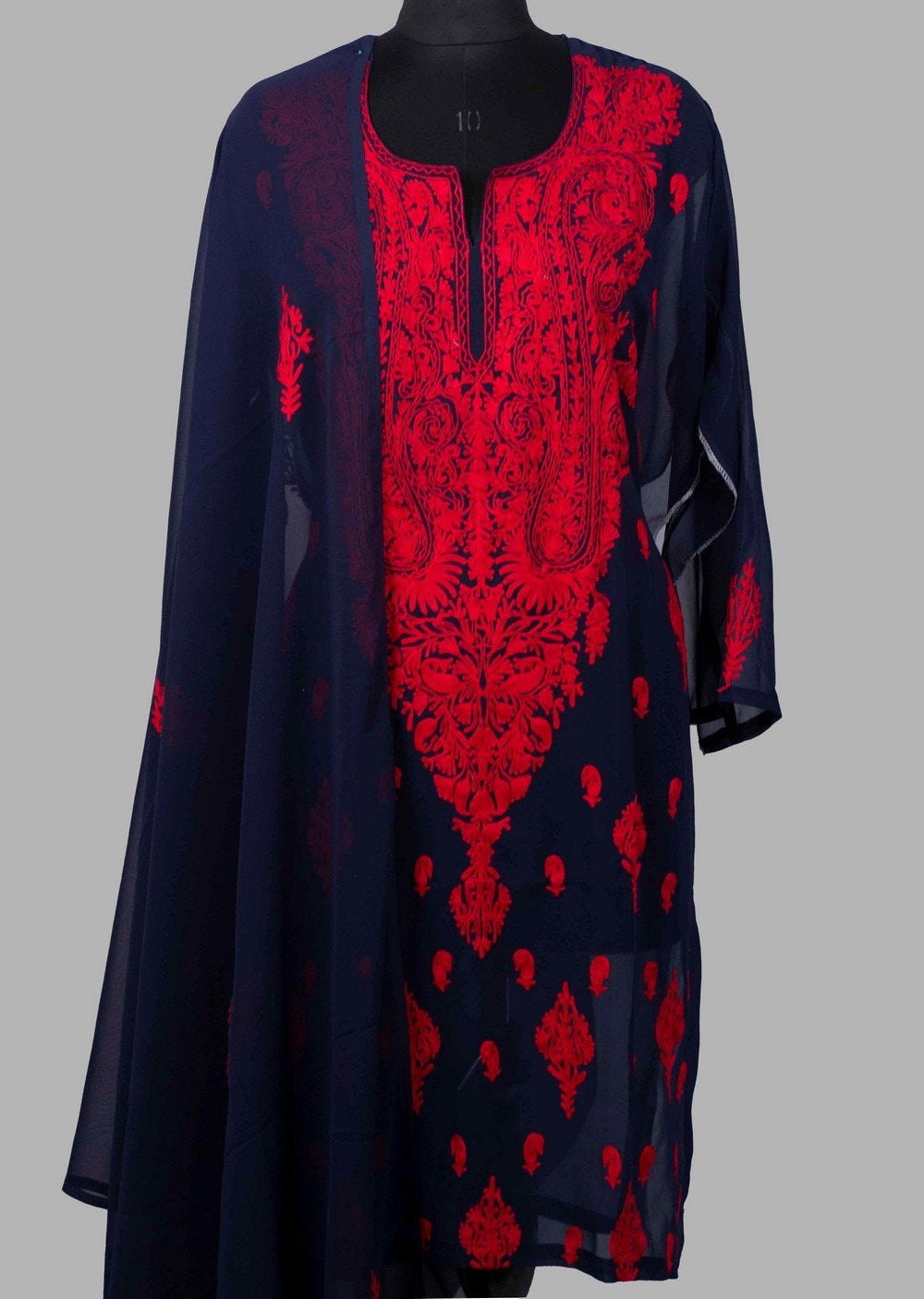 Navy Blue Colour Aari Work Kurti With Long Neck Embroidery