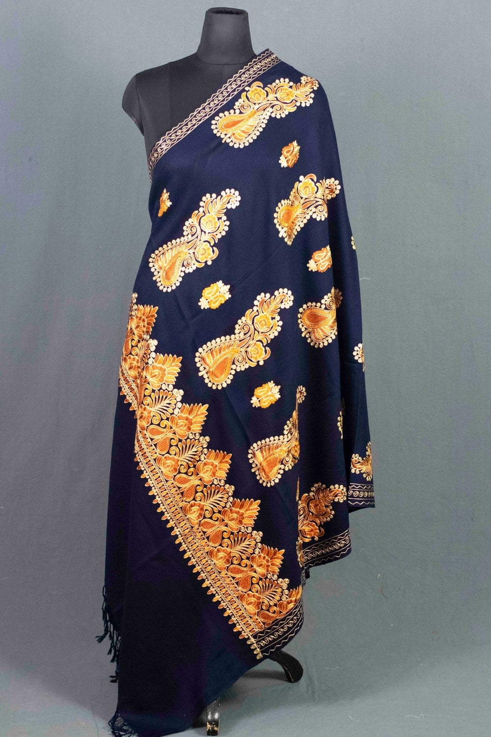 Navy Blue Colour Kashmiri shawl Four Sided Border Adds