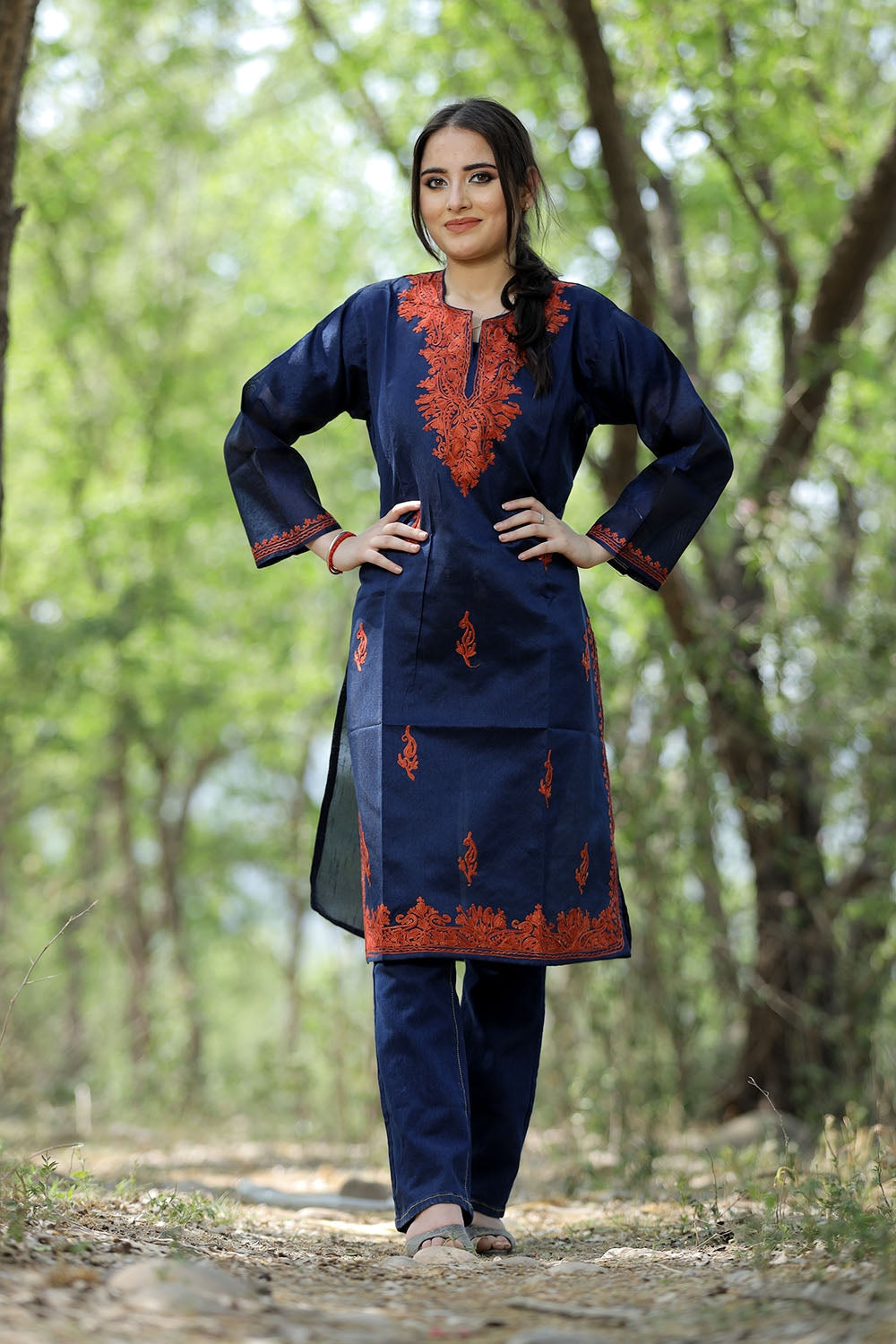Navy Blue Colour Rayon Silk Kurti With Beautiful Aari