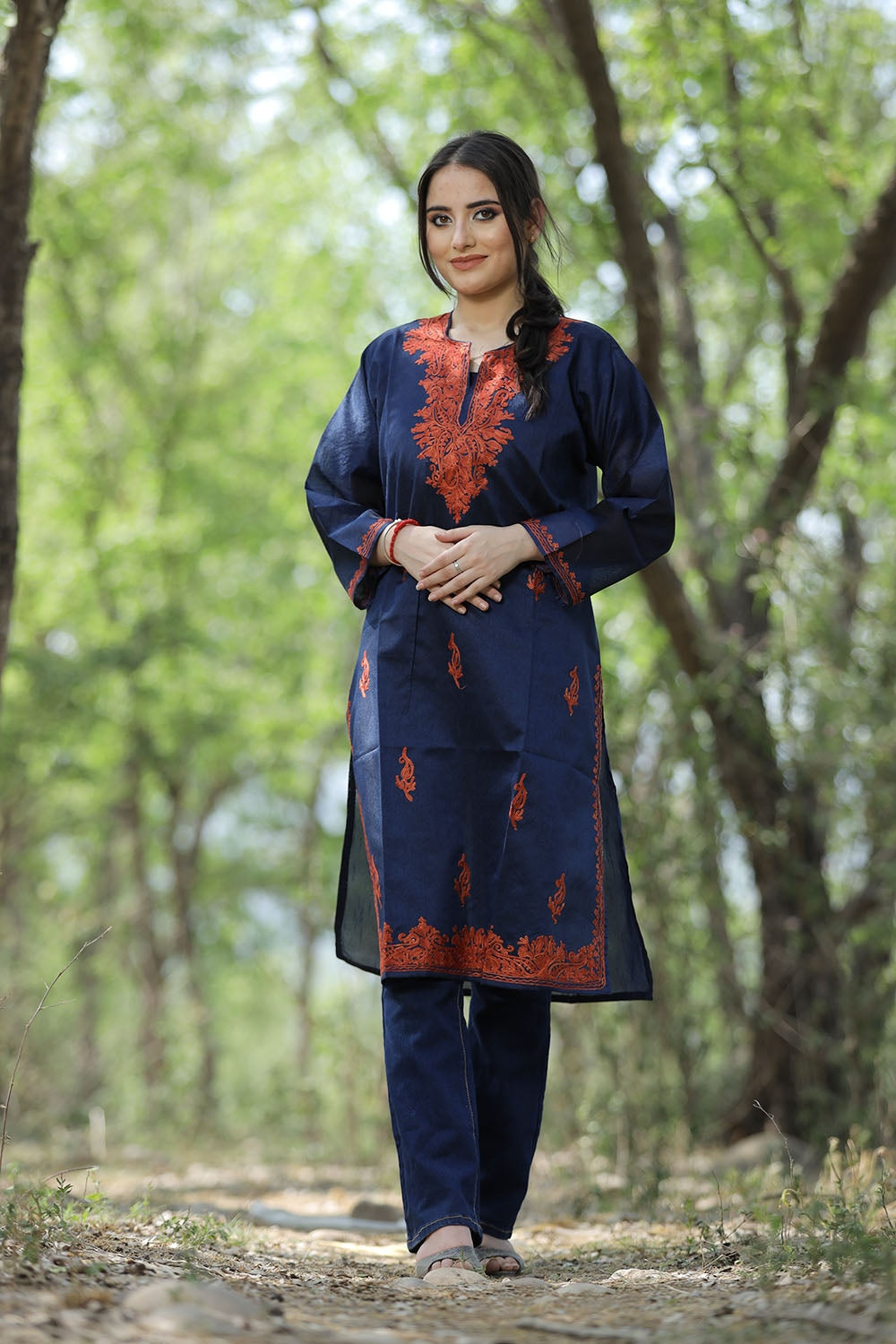 Navy Blue Colour Rayon Silk Kurti With Beautiful Aari