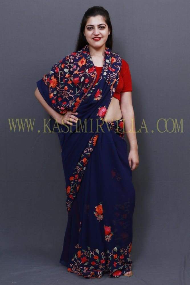 Navy Blue Colour Saree With Dense Aari Jaal On Pallu