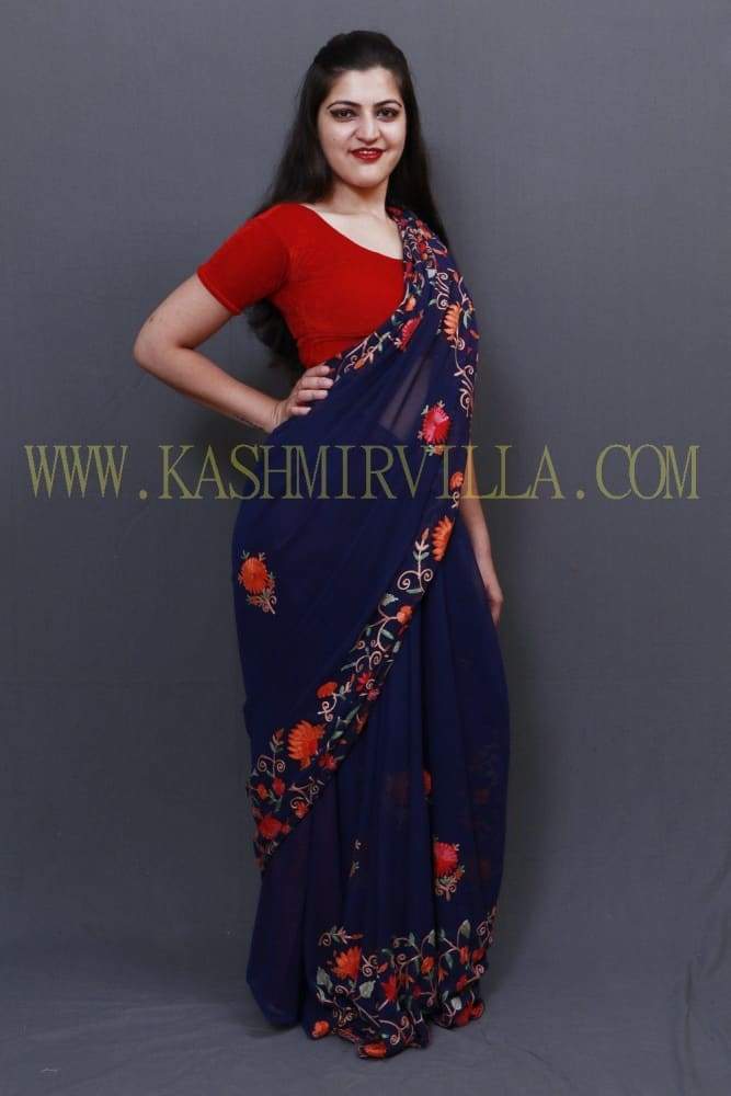 Navy Blue Colour Saree With Dense Aari Jaal On Pallu