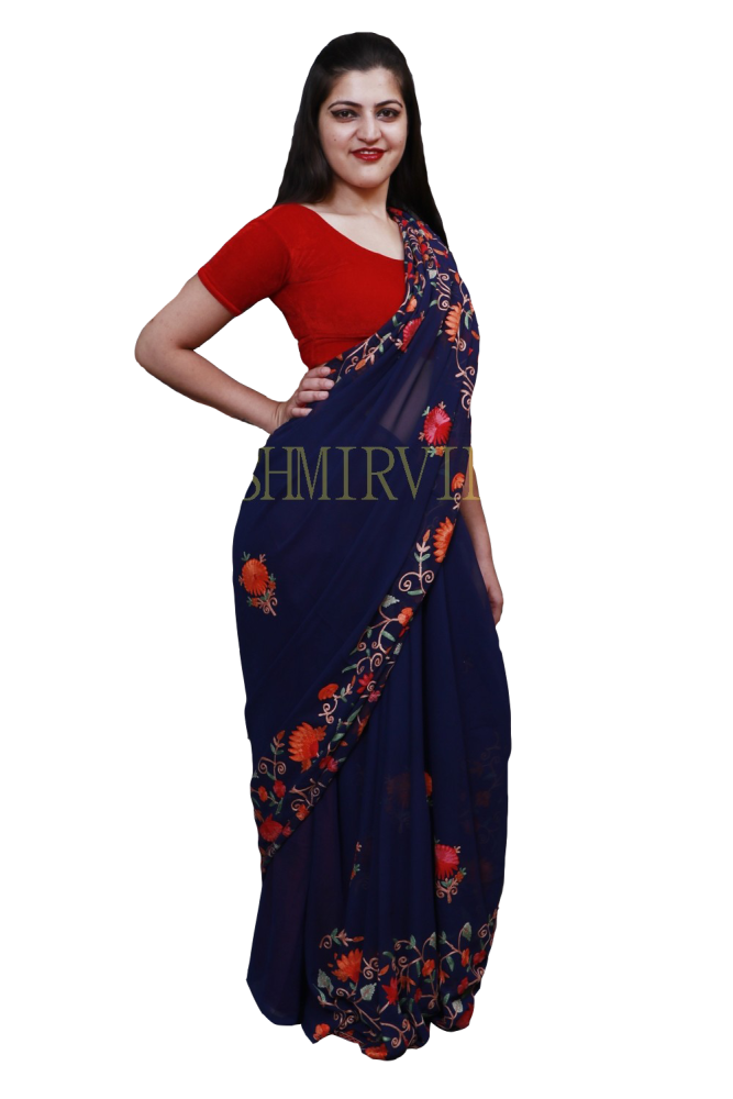 Navy Blue Colour Saree With Dense Aari Jaal On Pallu