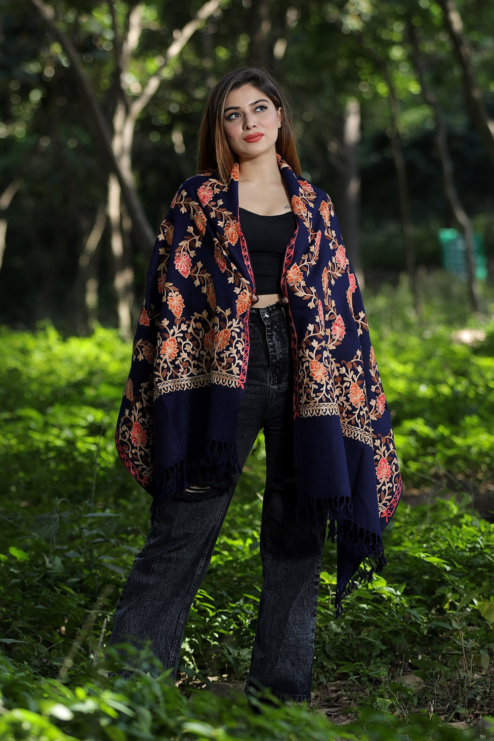 Navy Blue Colour Wolen Base With Rich All Over Kashmiri Jaal