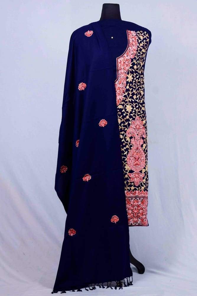 Navy Blue Colour Wool Aari Work Suit With Stole Crafted