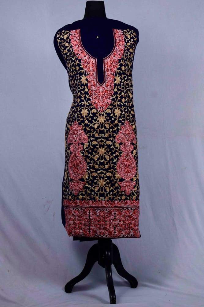 Navy Blue Colour Wool Aari Work Suit With Stole Crafted