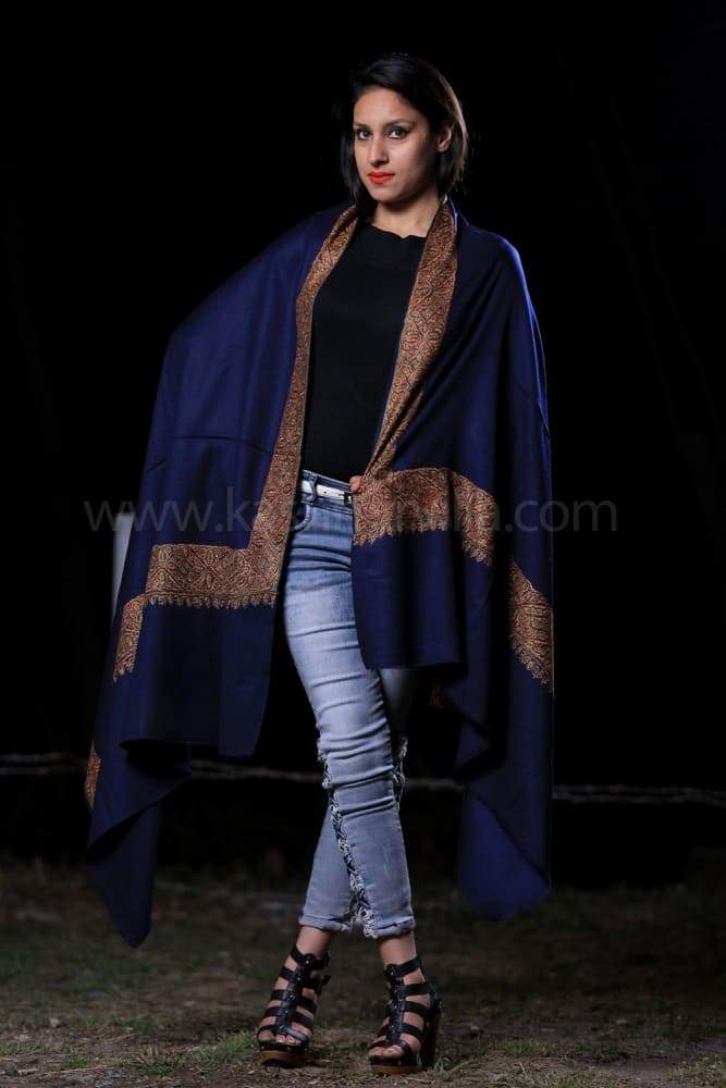 NavyBlue Colour SemiPashmina Sozni Shawl With Beautiful