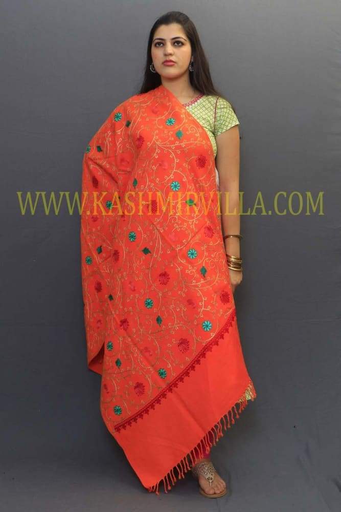 Neon Orange Color Aari Work Embroidery Shawls Enriched