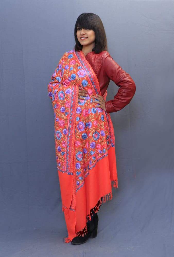 Neon Orange Colour Shawl With Having Rich Kashmiri