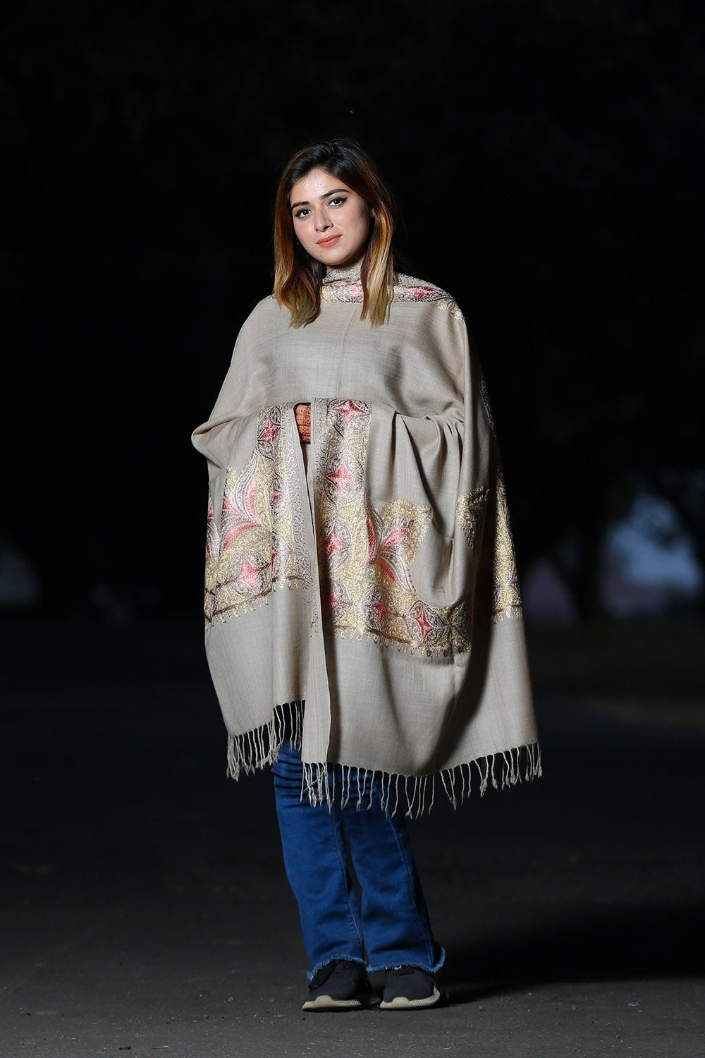 NEUTRAL BEIGE COLOUR TILLA EMBROIDERED STOLE DEFINES DEEP