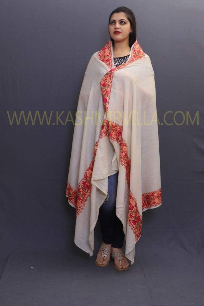 Offwhite Colour Sozni Work Handwoven Shawl On Semi Pashmina