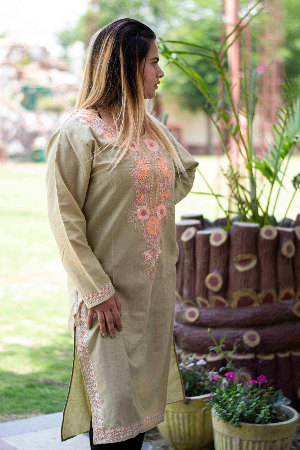 Olive Green Colour Cotton Kurti With Beautiful Aari