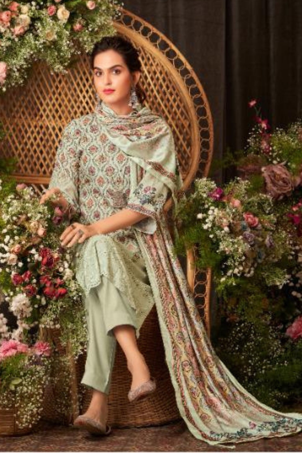 Olive Green Colour Printed Woolen Unstitched Suit Fabric