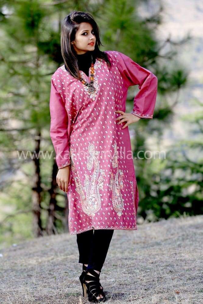 Asma Baby Pink Ruby Cotton Kashmiri Kurti With Ari Embroidery (L) - Gyawun