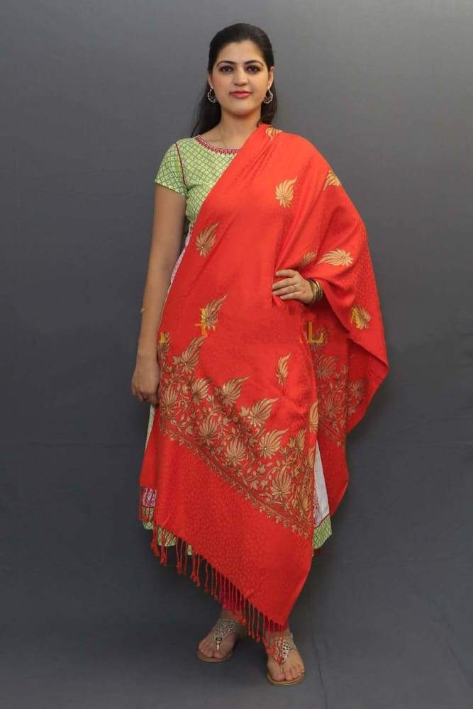 Orange Color Stole Enriched With Aari Embroidery