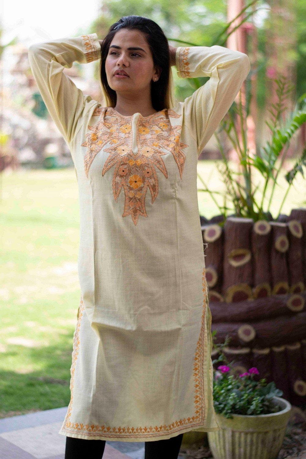 Pale Yellow Colour Cotton Kurti With Beautiful Aari