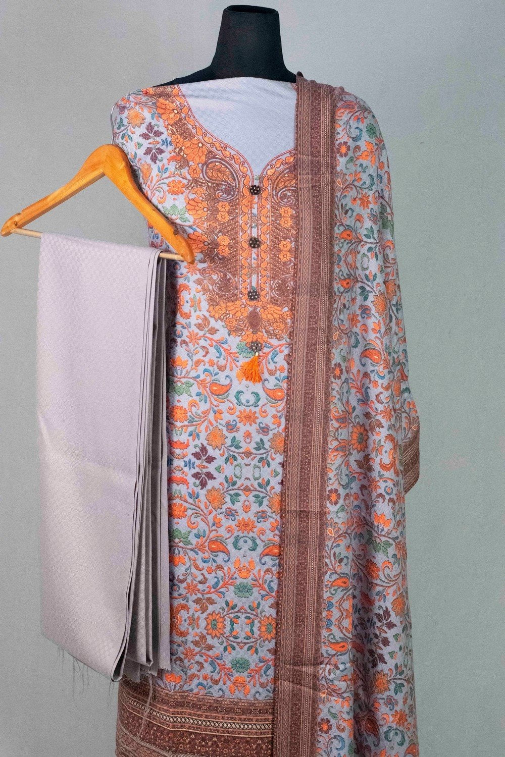 Pastel Colour Woolen Kani Printed Suit With Neck And OverAll