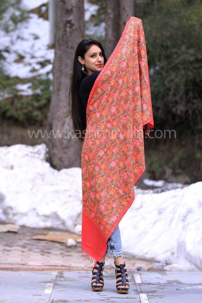 Pink Color Aari Work Embroidered Enriched Stole With Heavy