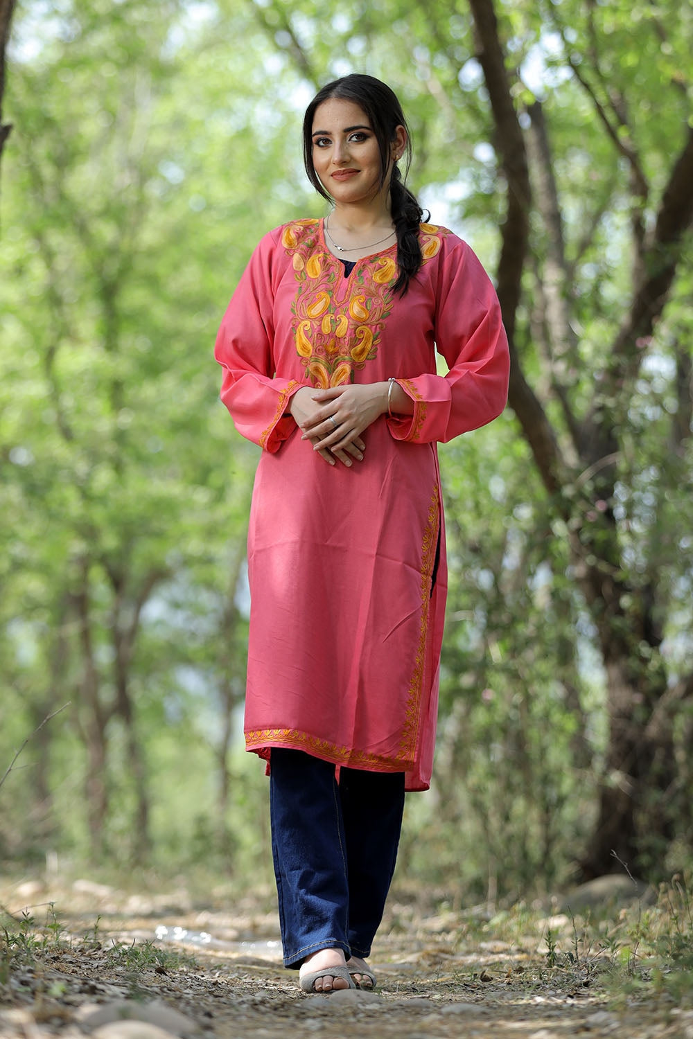 Pink Colour Cotton Kurti With Beautiful Aari Embroidery