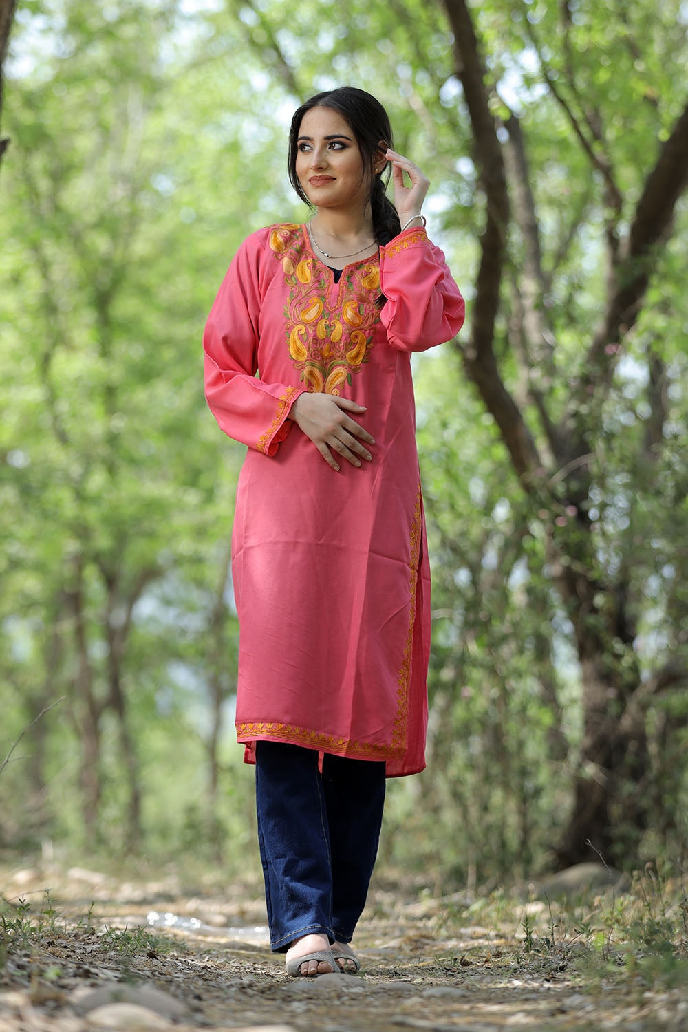 Pink Colour Cotton Kurti With Beautiful Aari Embroidery