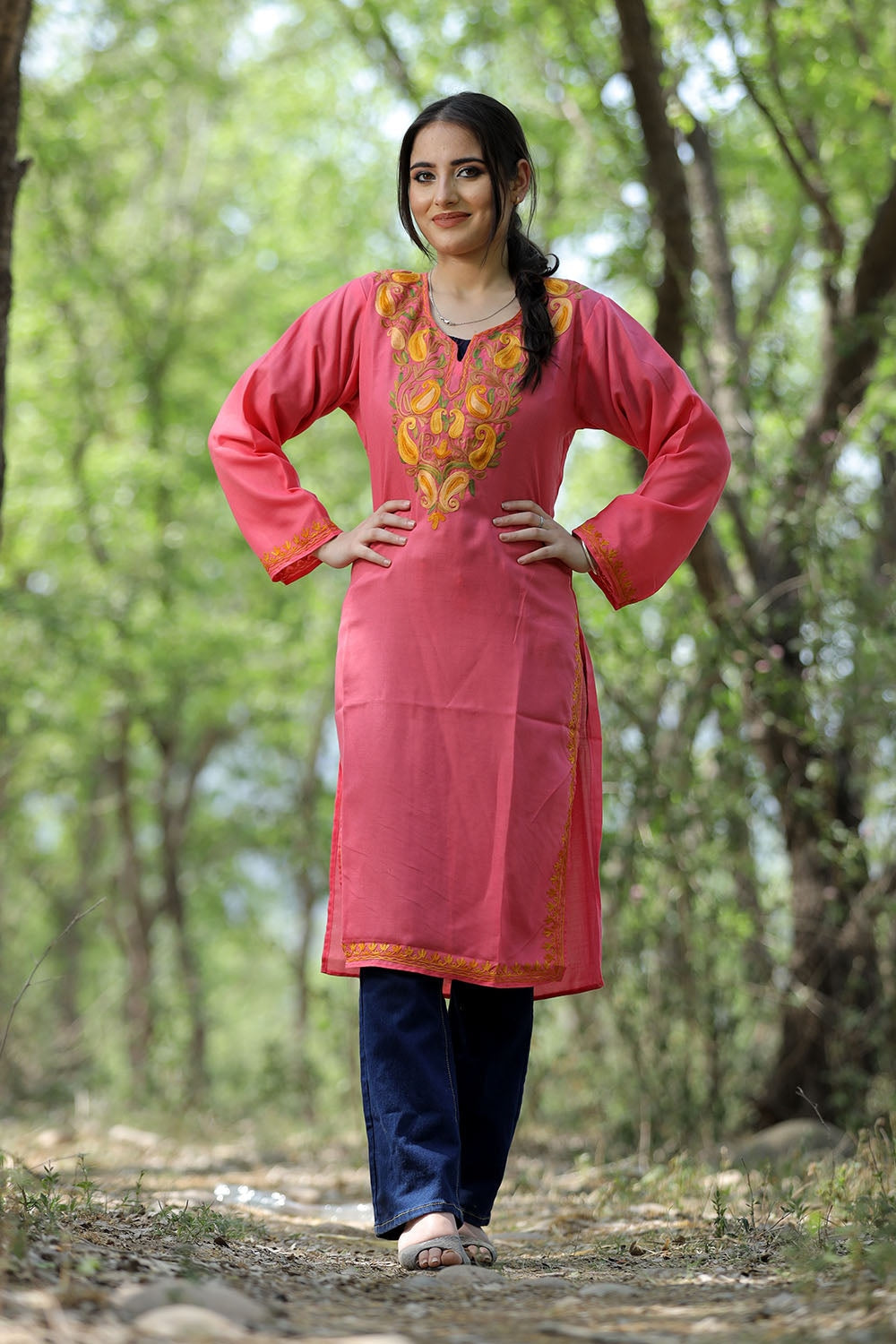 Pink Colour Cotton Kurti With Beautiful Aari Embroidery
