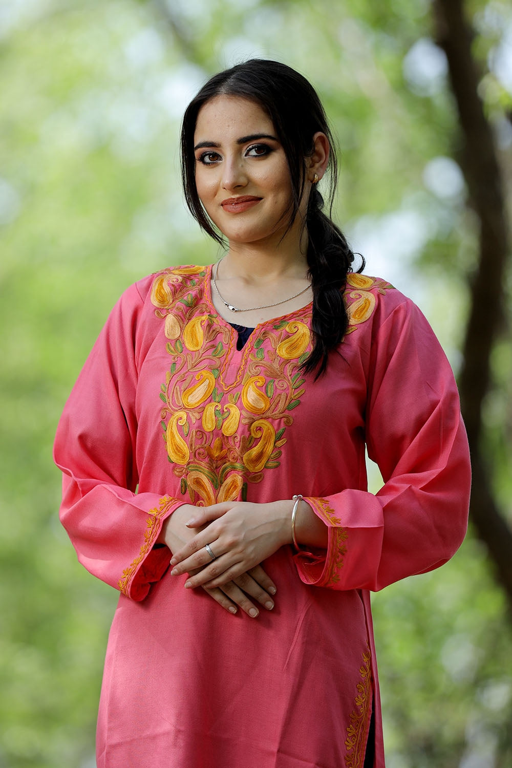 Pink Colour Cotton Kurti With Beautiful Aari Embroidery