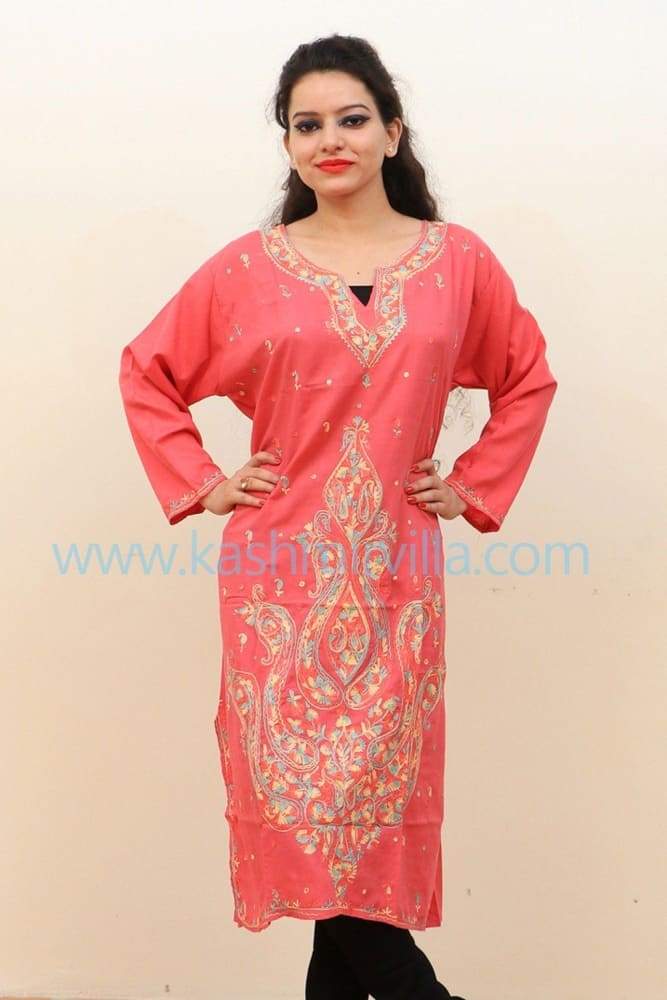 Pink Colour Cotton Kurti With Beautifull Kashmiri Embroidery
