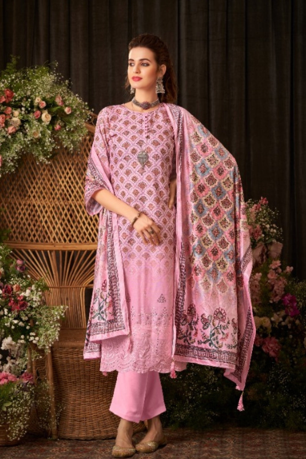 Pink Colour Printed Woolen Unstitched Suit Fabric With Stole