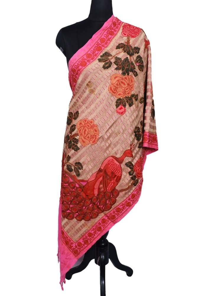 Pink Colour Stole With Kashmiri Peacock Embroidery