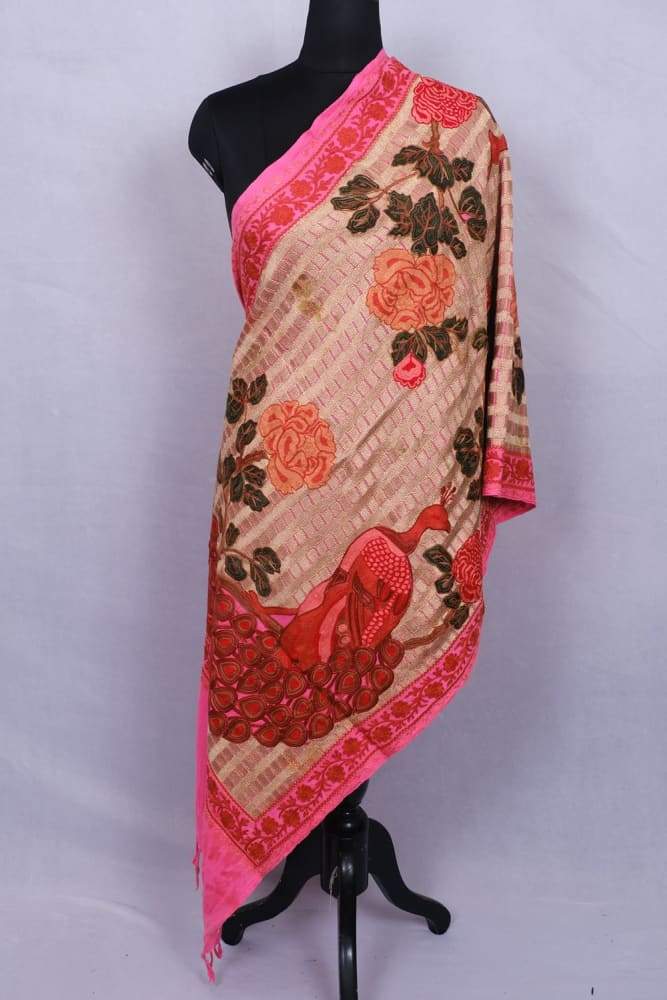 Pink Colour Stole With Kashmiri Peacock Embroidery
