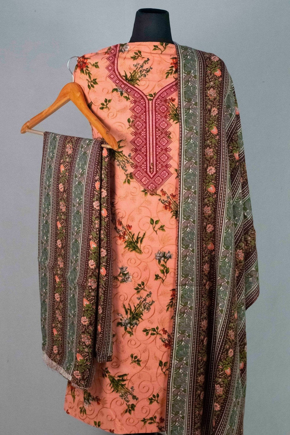 Pink Colour Woolen Kani Printed Suit With Neck And Over All