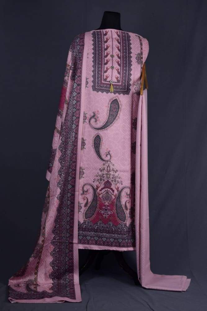 Pink Colour Woolen Kani Printed Suit With Neck And OverAll