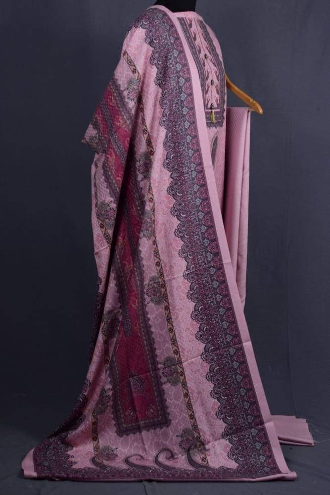 Pink Colour Woolen Kani Printed Suit With Neck And OverAll