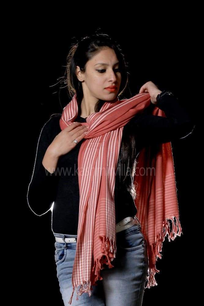 Pink Colour Woolen Shawl With Stripes On Border Which Adds