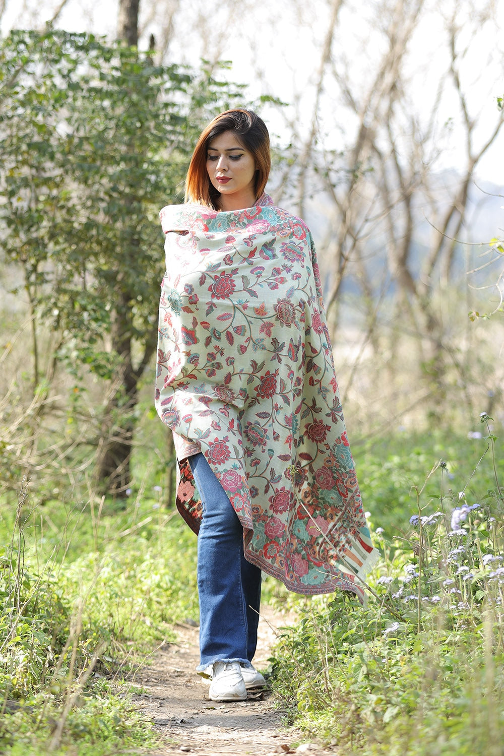 Pistachio Green Colour Designer Shawl With Beautifully