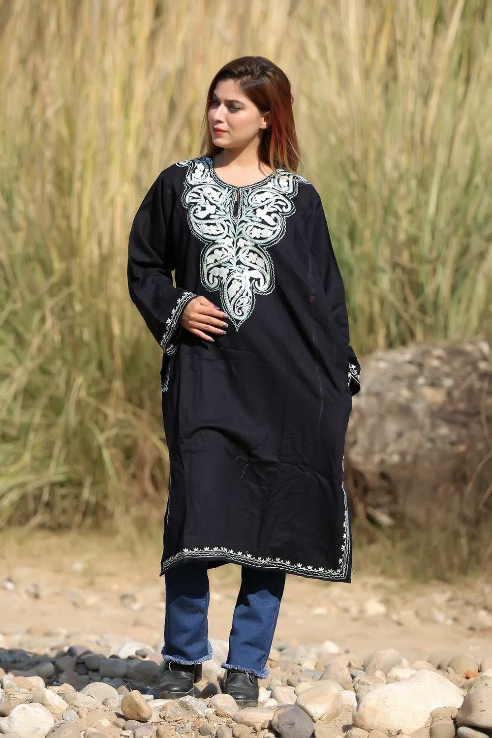 Pitch Black Color Aari Work Embroidered Phiran Enriched