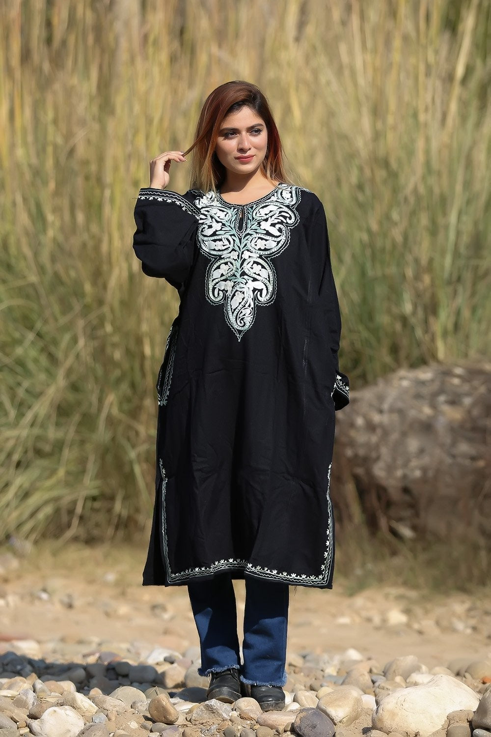Pitch Black Color Aari Work Embroidered Phiran Enriched